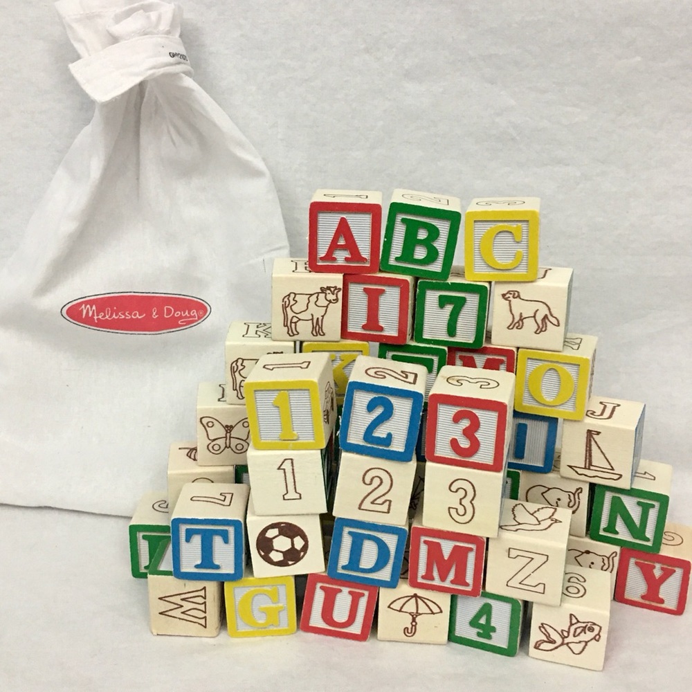 (SOLD)Melissa & Doug Building Blocks 60 Solid Wood Cubes With Storage Bag 123 - Picture 1 of 8